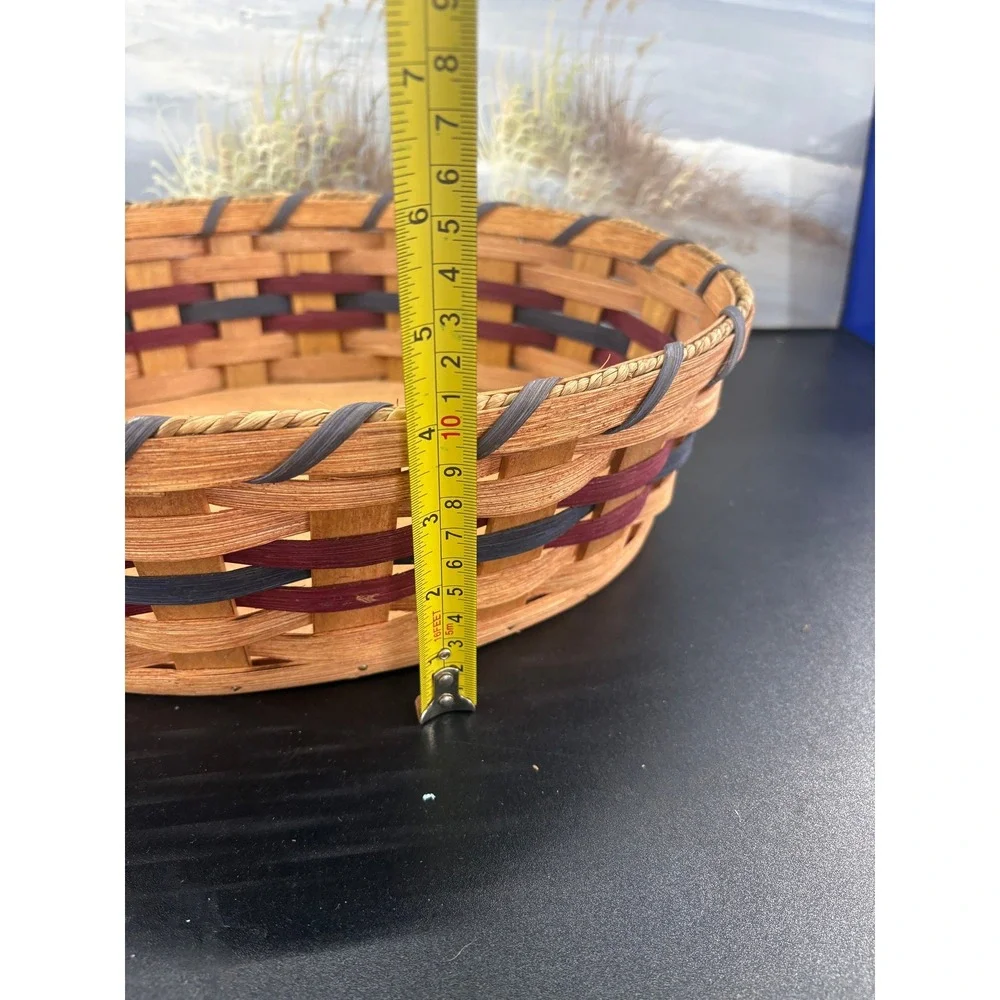 Handmade Jacob & Sarah Yoder Woven Splint Basket Oval Wood Base Blue Burgundy